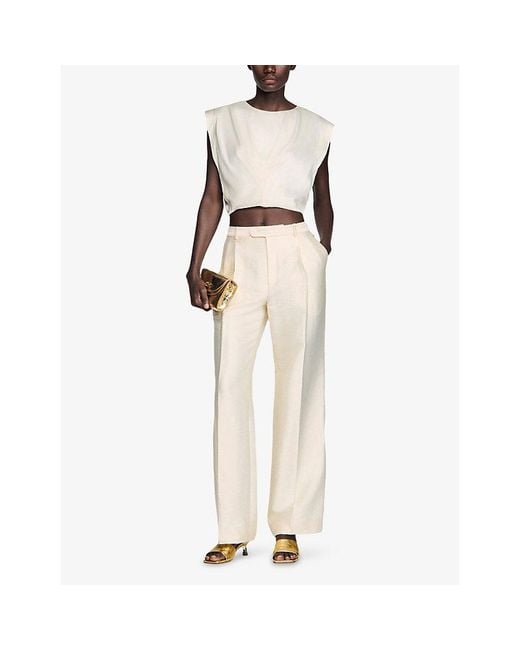 Sandro Natural Pleated Round-Neck Satin Crop Top