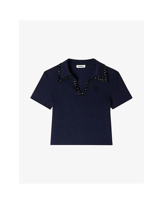 Sandro Blue Beaded-Collar Stretch-Cotton Polo Shirt