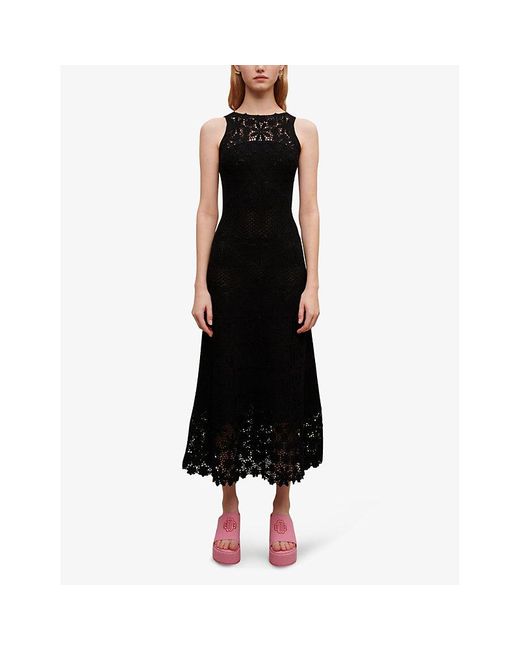 Maje Black High-neck Crochet-trim Woven Midi Dress