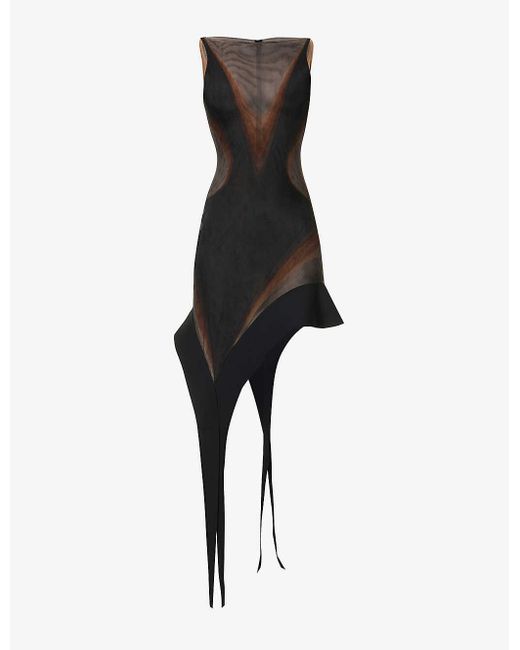 Mugler Black Contrast-panel Asymmetric-hem Stretch-woven Mini Dress