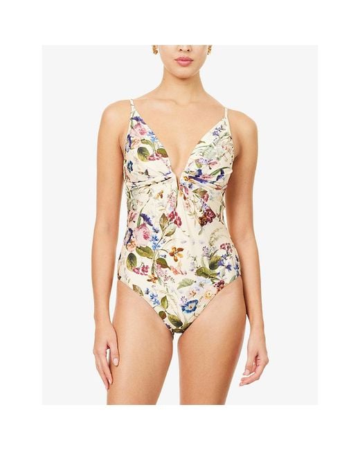 Zimmermann White Patience Tuck Plunge Floral One-Piece Swimsuit