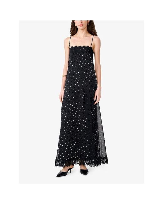 OMNES Black Thea Polka-Dot Satin Maxi Dress