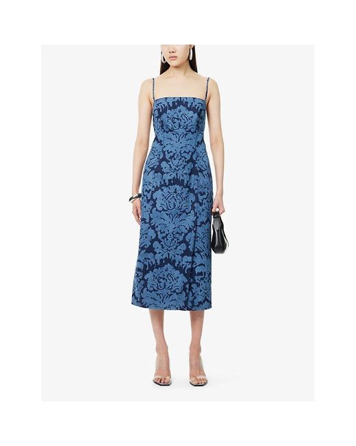Alexander McQueen Blue Damask-pattern Straight-neck Denim Midi Dress