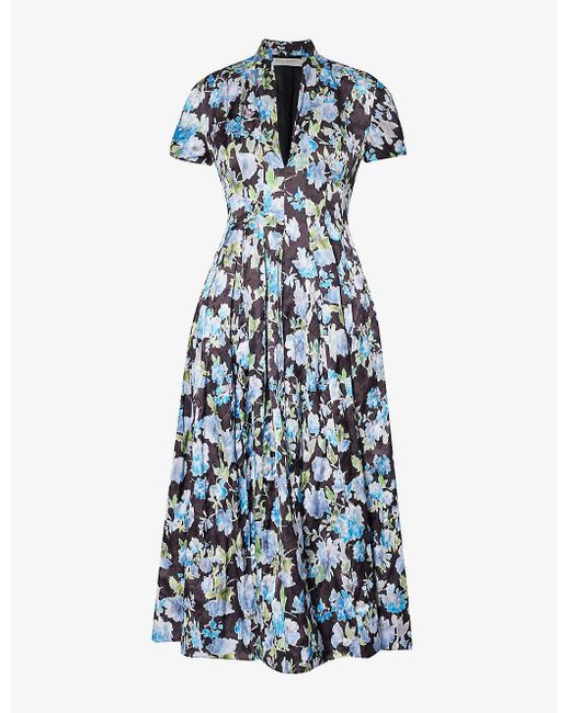 Philosophy Di Lorenzo Serafini Blue Floral-print V-neck Woven Midi Dress