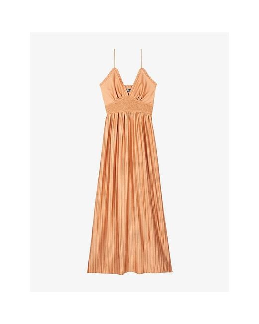 The Kooples Orange V-Neck Shirred-Waist Woven Maxi Dress