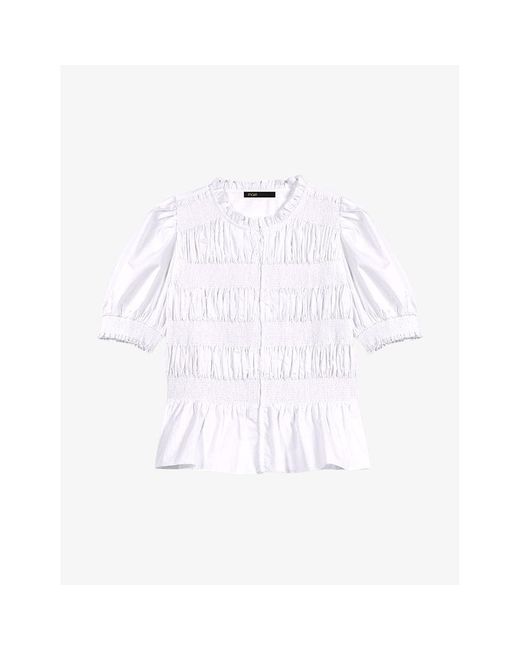 Maje White Victorian-collar Smocked Cotton Shirt