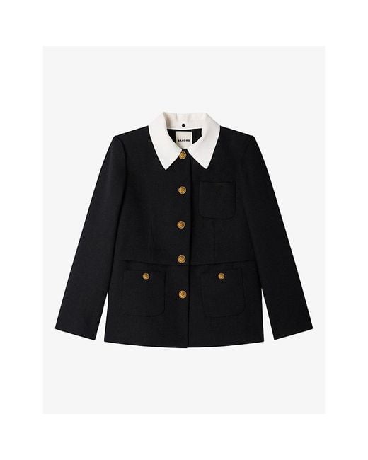 Sandro Black Contrast-Collar Button-Down Wool Jacket