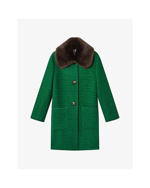 L.K.Bennett Green Aster Faux Fur-collar Cotton And Wool-blend Coat