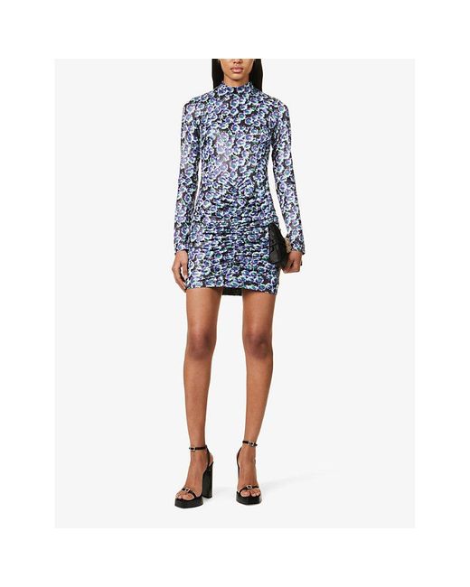 ROTATE BIRGER CHRISTENSEN Blue Floral-print Coated Recycled Polyester-blend Mini Dress