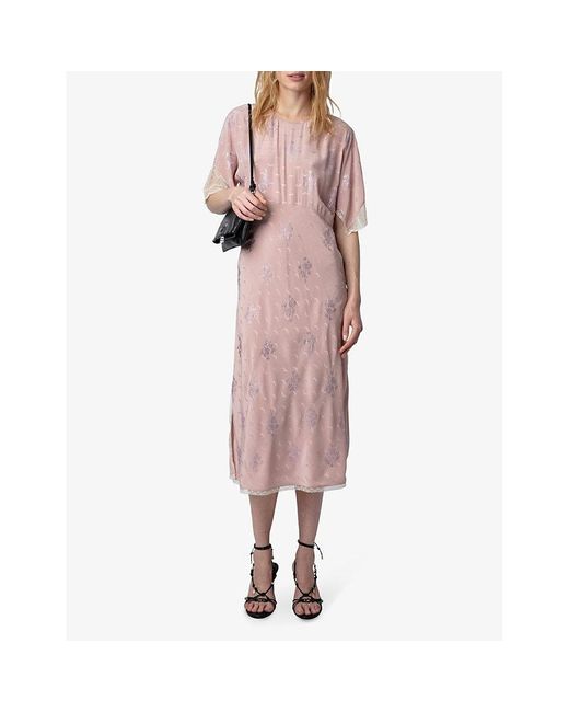 Zadig & Voltaire Pink Jacquard Crystal-embellished Silk Midi Dress