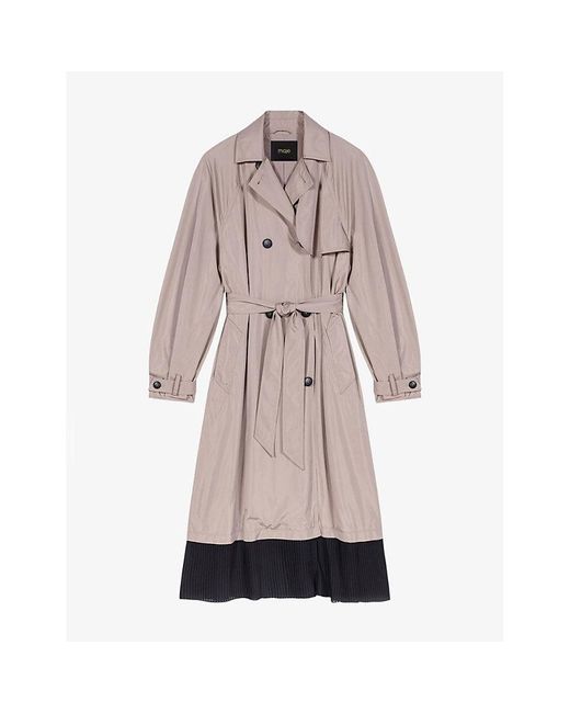 Maje Natural Pleated-hem Two-tone Woven Trench Coat