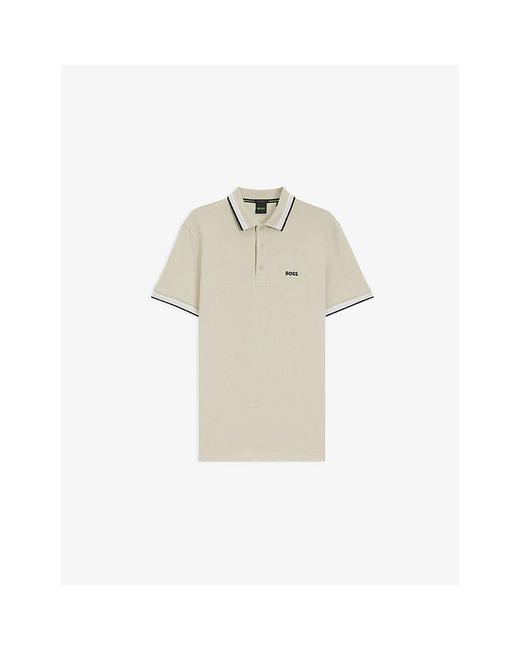 Boss White Paddy Brand-Embroidered Cotton-Piqué Polo Shirt for men