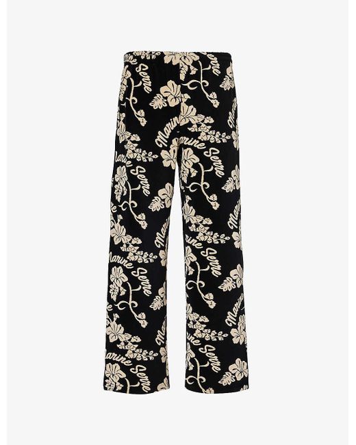 MARINE SERRE Black Floral-print Drawstring-waistband Relaxed-fit Wide-leg Towelling jogging Bottoms for men