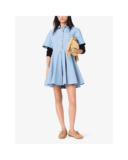 Maje Blue Flared Chest-Pocket Stretch-Cotton Shirt Dress
