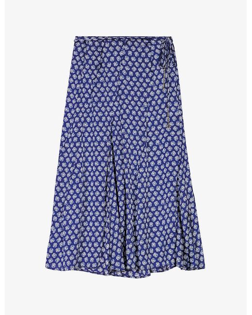 Maje Blue Floral-print Split-hem Woven Midi Skirt