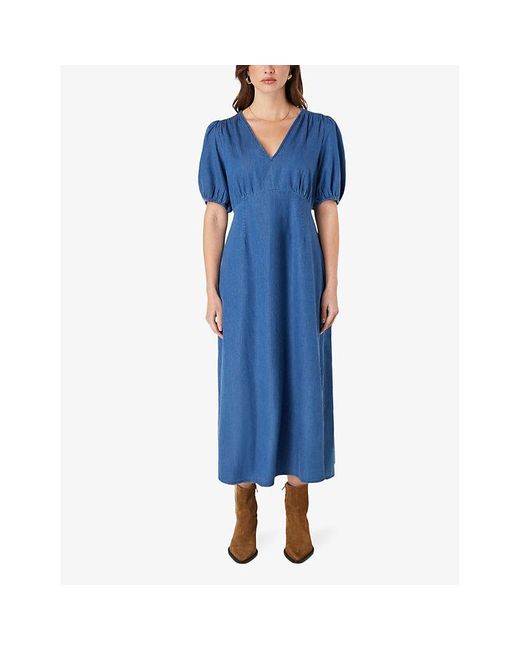Ro&zo Blue Shirred-shoulder Relaxed-fit Cotton Midi Dress