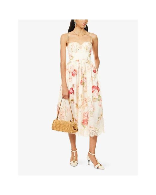 Zimmermann Pink Roselight Picnic Floral-Print Linen Midi Dress