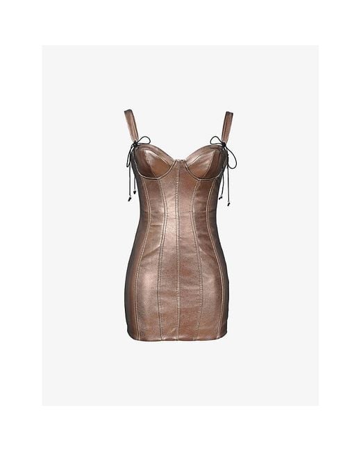 Mistress Rocks Brown Lace-Up Slim-Fit Faux-Leather Mini Dress