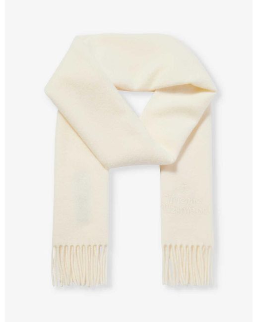 Vivienne Westwood White Brand-embroidered Fringed-trim Wool Scarf