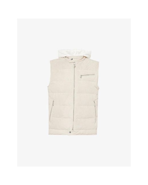 Eleventy Natural Detachable-hood Quilted Suede-down Down Gilet for men