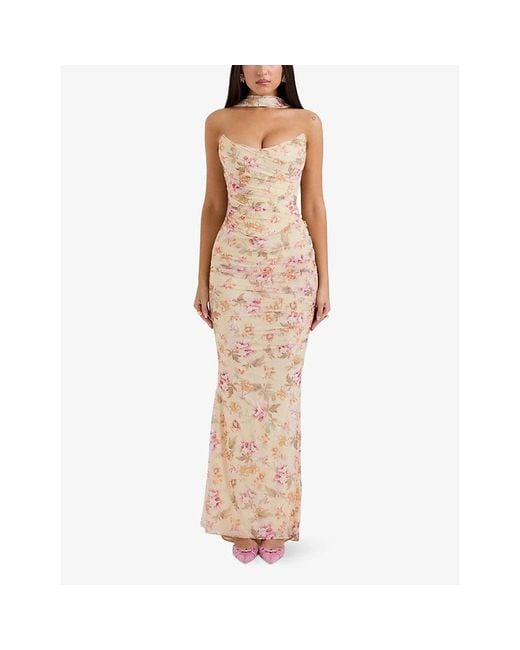 House Of Cb White Hallie Strapless Floral-Print Stretch-Woven Corset