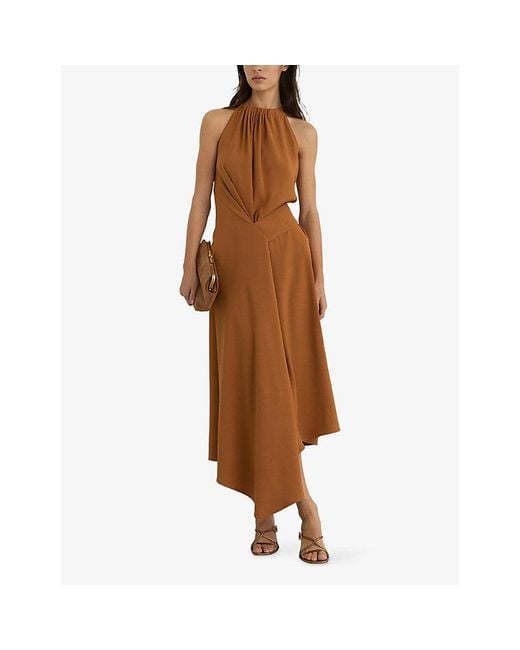 Reiss Brown Maeve Drape-Detail Sleeveless Woven Midi Dress