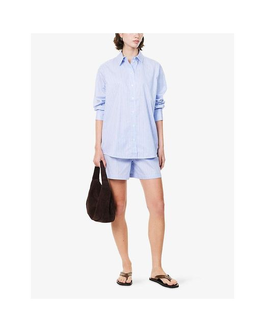 Anine Bing Blue Ramy Pinstripe Cotton Shorts