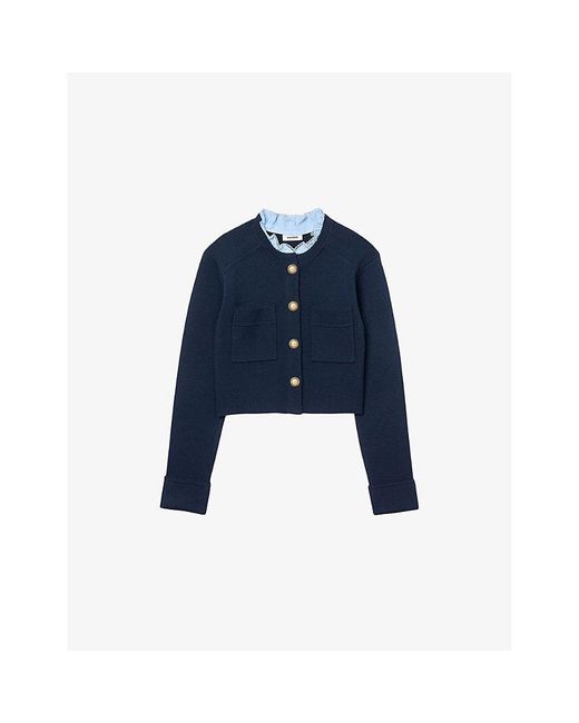 Sandro Blue Denim-Collar Wool And Cashmere-Blend Cardigan