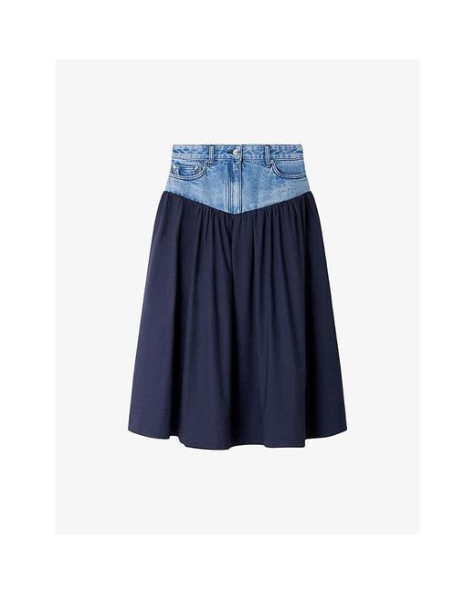 Sandro Blue Denim-Panel Flared Cotton Midi Skirt