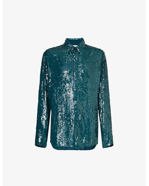 Dries Van Noten Green Sequinned Regular-fit Woven Shirt for men