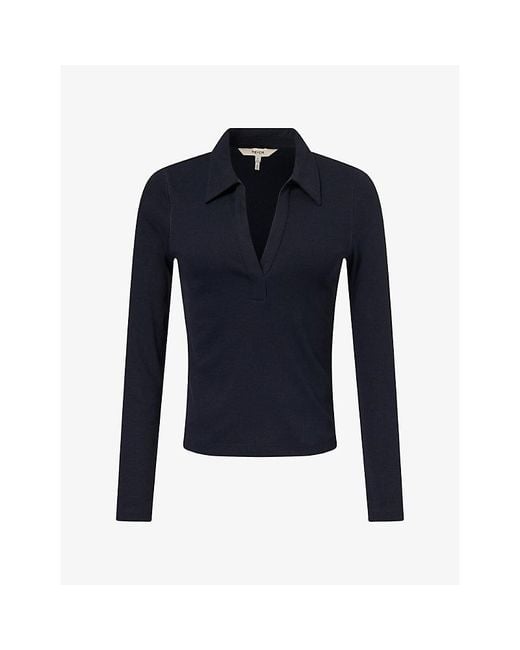 ME+EM Blue V-Neck Ribbed Cotton-Blend Polo Top