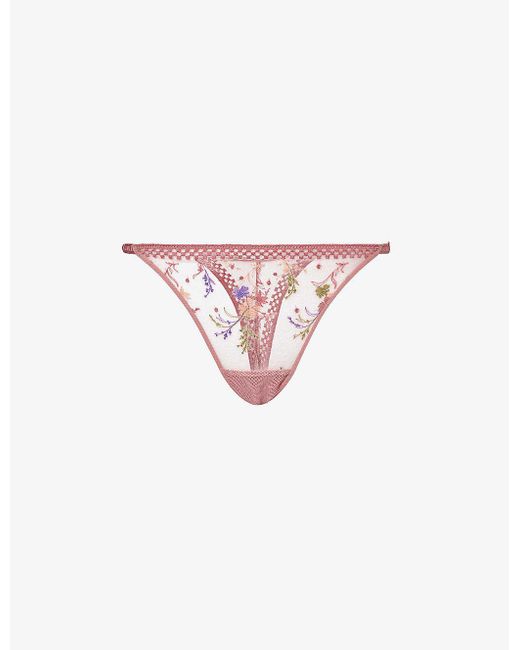 Passionata Pink Suzy Floral-embroidered Stretch-lace Thong