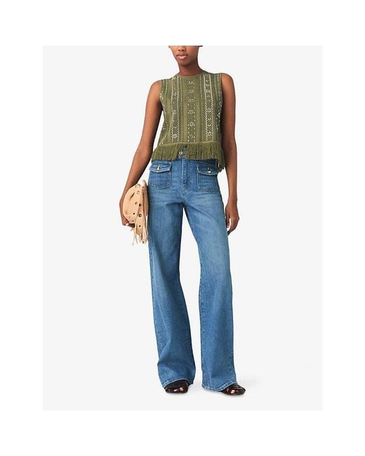 Maje Green Fringed Rhinestone-Embellished Woven Top