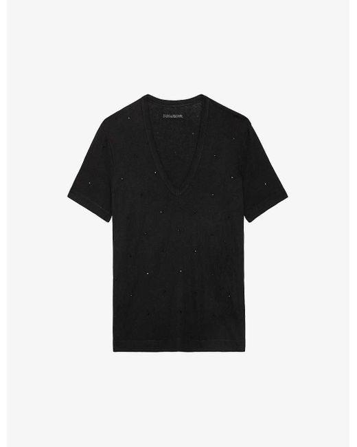 Zadig & Voltaire Black Wassa Diamante-embellished Linen-blend T-shirt