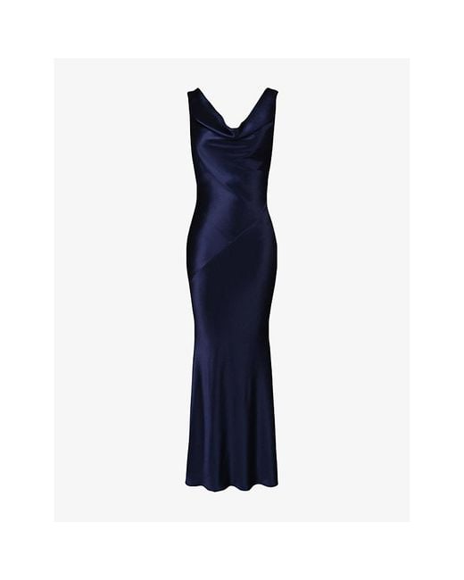 House Of Cb Blue Safaira Cowl-Neck Satin Maxi Dress Xs (A-C Cup)