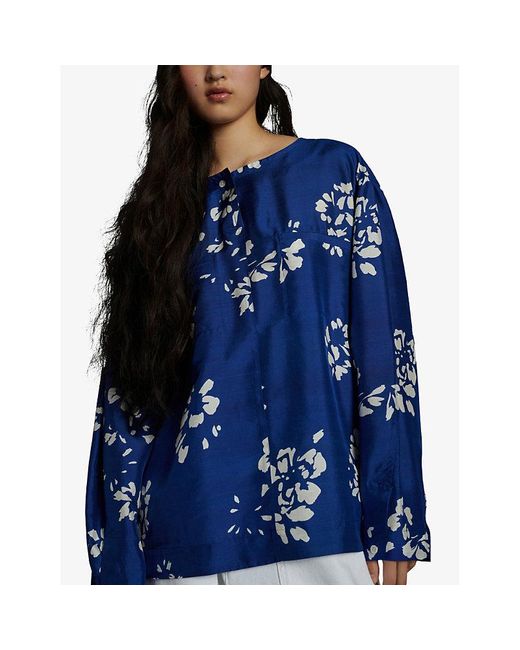 Soeur Blue Tunisie Floral-print Long-sleeve Silk Blouse