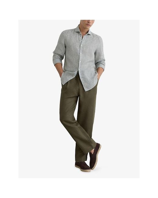 Reiss Gray Ruban Stripe-Print Linen Shirt for men