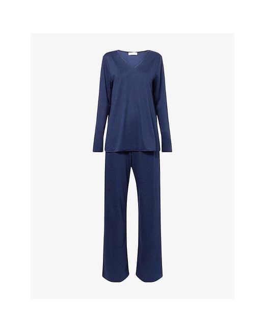 Hanro Blue Long-Sleeves Straight-Leg Cotton-Jersey Pyjama Set