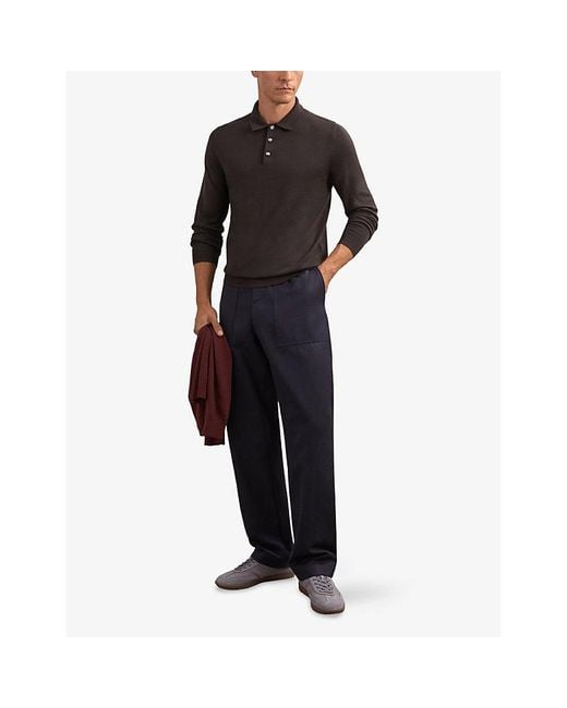 Reiss Black Trafford Long-Sleeved Wool Polo Shirt for men