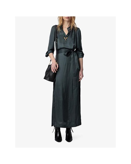 Zadig & Voltaire Blue Ritchil Belted Satin Midi Dress