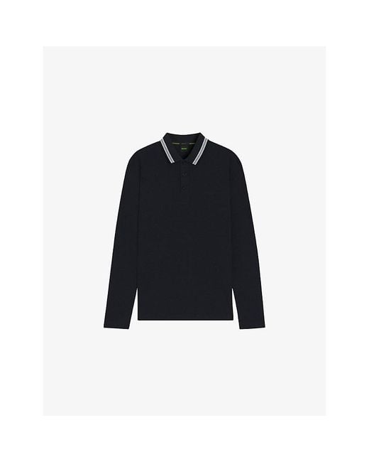 Boss Blue Brand-Emed Long-Sleeved Cotton-Piqué Polo Shirt for men