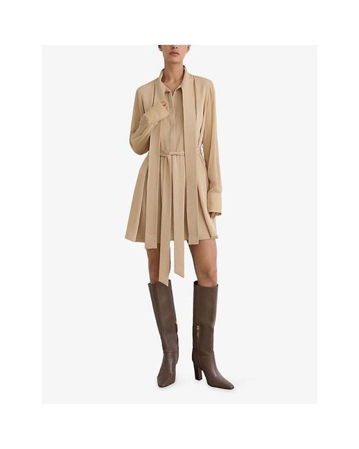 Reiss Natural Iman Tie-Neck Woven Mini Dress