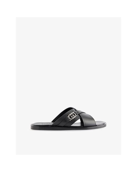 Gucci Black Interlocking G Leather Sliders for men