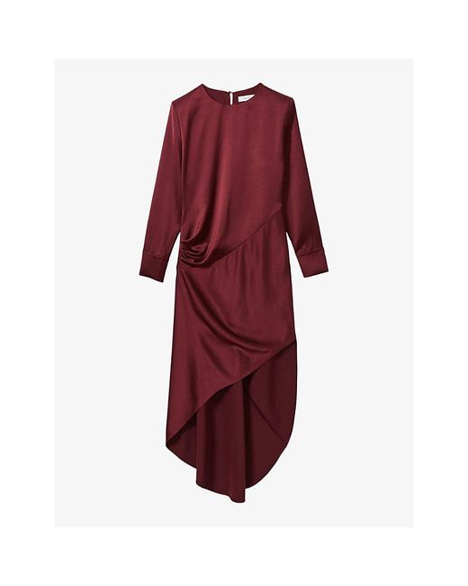 Reiss Red Valli Asymmetric-Hem Satin Maxi Dress