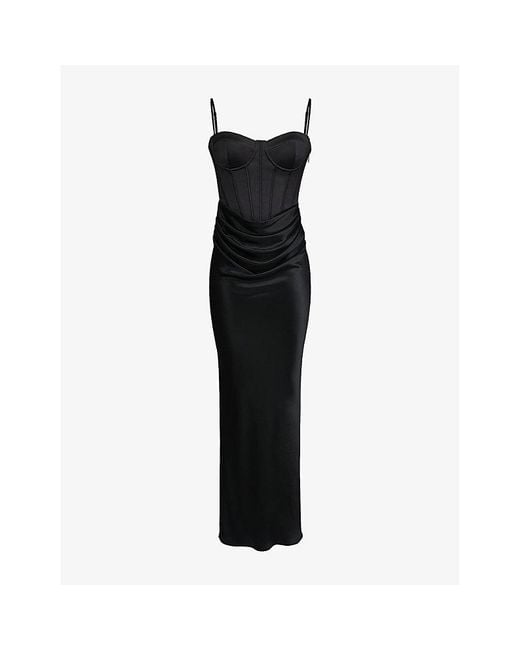 House Of Cb Black Valentina Draped Corset Satin Maxi Dress Xs (A-C Cup)