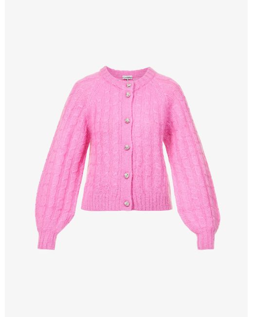 Ganni Puff-sleeve Cable-knit Wool-blend Cardigan in Pink | Lyst Australia