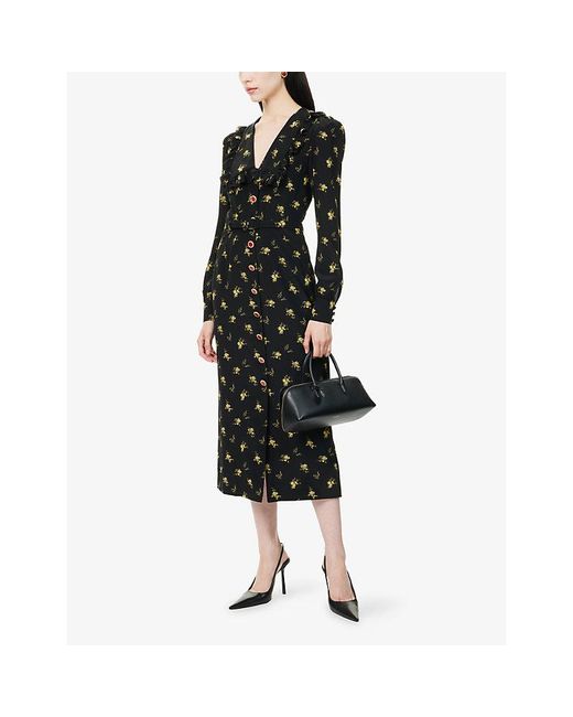 Alessandra Rich Black Floral-Print Collared Silk Midi Dress