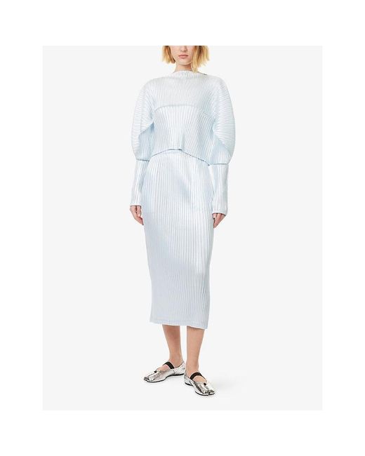 Issey Miyake Glossed Metal Pleats Long-Sleeves Knitted Top in Blue