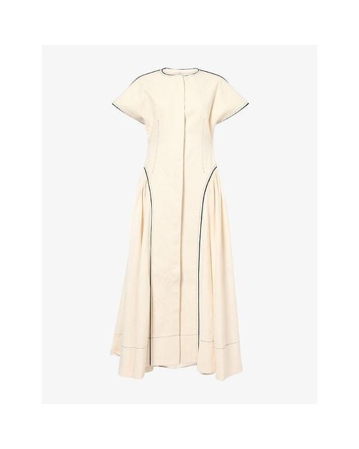 Mona Alshebil Natural Open-Back Contrast-Stitch Denim Maxi Dress