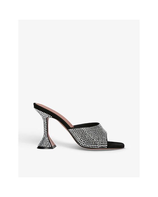 AMINA MUADDI Black Lupita Crystal-Embellished Leather Heeled Mules